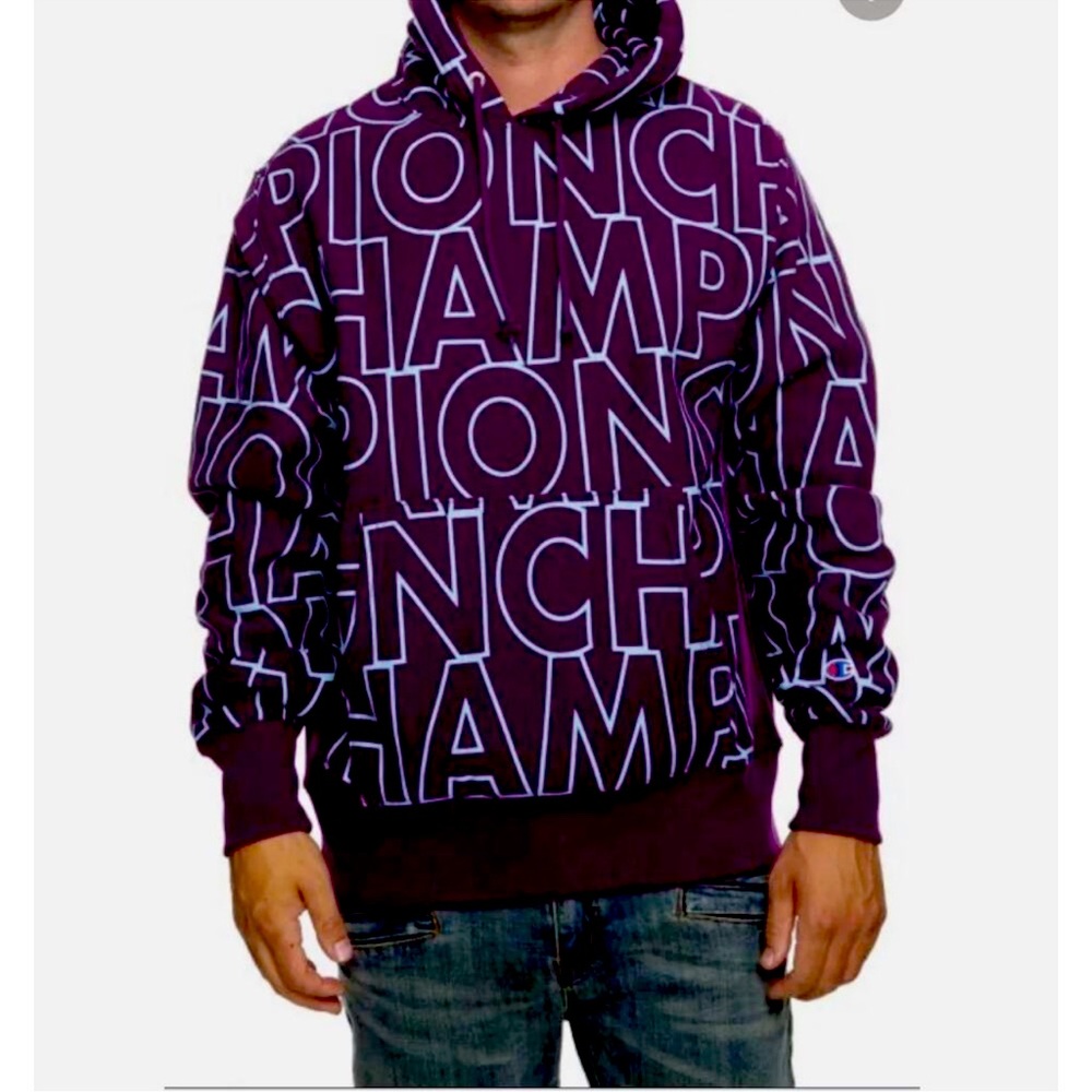 Champion Reverse Weave Purple Blue Logo Spellout Hoodie Sweatshirt Men's XLarge